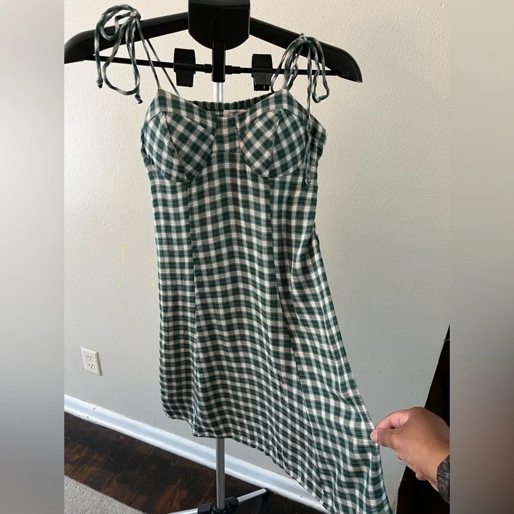 American‎ Eagle Outfitters green small checkered dress spaghetti strap skater - Picture 4 of 5